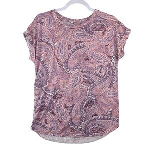 Cupio Womens Pink Purple Paisley Short Sleeve Dolman Top Cuffed High Low Medium